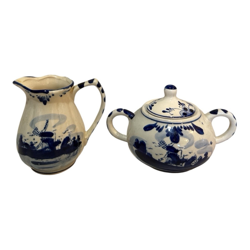 Delft Blue hand-painted In Holland Windmill ceramic Cream, Sugar Bowl With Lid